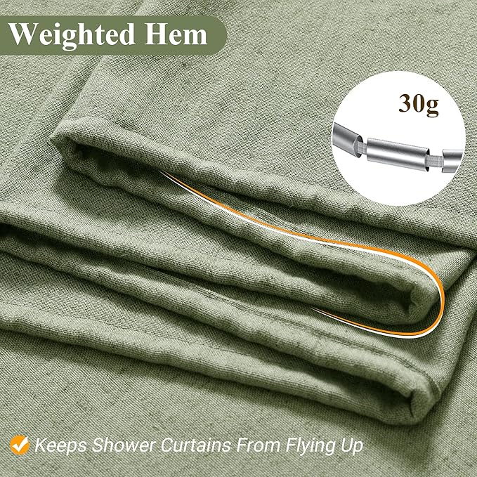 Naturoom 108 Inch Long Fabric Shower Curtain, 180GSM Linen Ultra Thick Fabric Shower Curtain Set with Plastic Hooks, Tall Rustic Luxury Waterproof Bath Curtains for Bathroom, Sage Green, 108x72