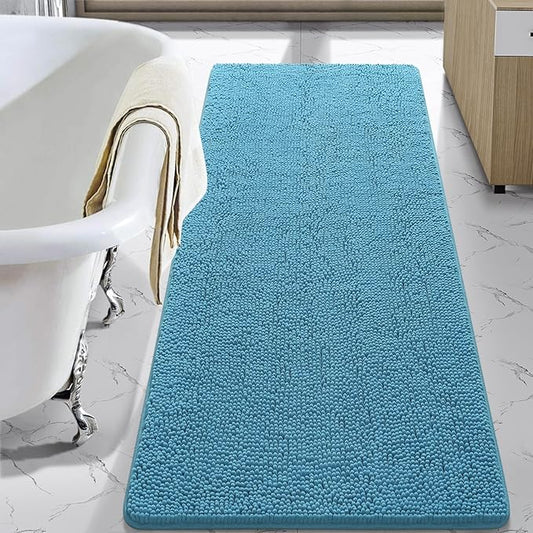LOCHAS Luxury Bathroom Rug Shaggy Bath Mat 24 x 60 Inch, Washable Non Slip Bath Rugs for Bathroom Shower, Soft Plush Chenille Absorbent Carpets Mats, Light Blue