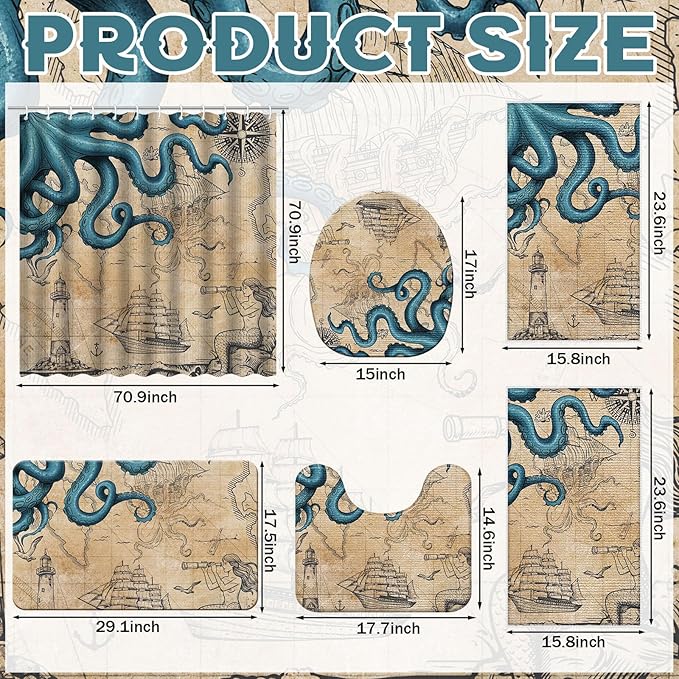 Nuanchu 6 Pcs Vintage Nautical Octopus Shower Curtain Set with Rug Retro Coastal Bathroom Set with Shower Curtain Bath Mat U Shaped Mat Toilet Lid Cover 2 Bath Towels and 12 Hooks Ocean Bathroom Decor
