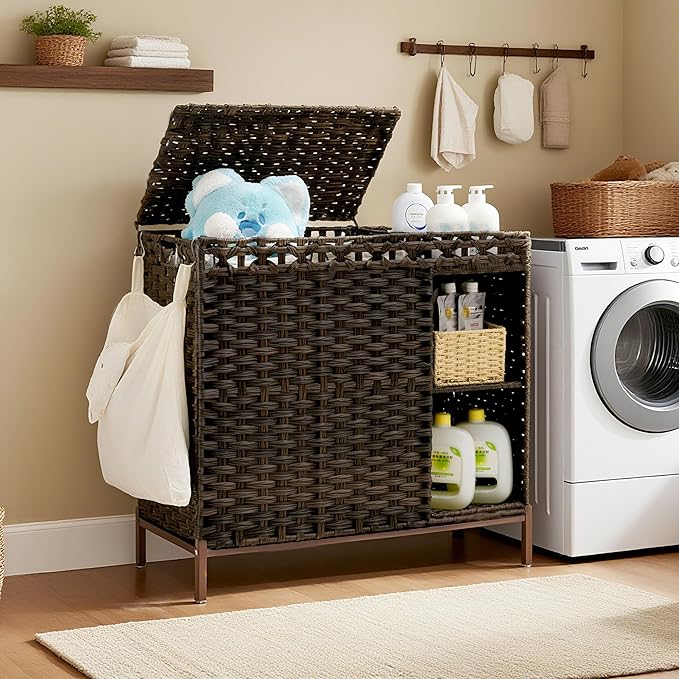Gitelsnour Laundry Hamper with Lid, 110L (29.1 Gal) Rattan Laundry Hamper 2 Section with 50L (13.2 Gal) Storage Shelf, Wicker Woven Laundry Sorter Basket with 3 Liner Bags and Handles, Brown GLH002BR