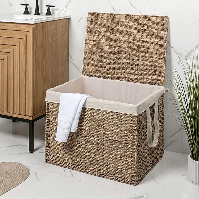 happimess BSK2017A Reed Coastal Bohemian Handwoven Seagrass Laundry Hamper 110L (29.1 Gallon) with Lid and Removable Liner, Seagrass Containers for Decoration in Living Room, Natural