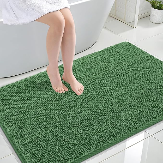 OLANLY Bathroom Rugs 47x32, Extra Soft Absorbent Chenille Bath Rugs, Rubber Backing Quick Dry, Machine Washable Bath Mats for Bathroom Floor, Tub and Shower, Home Decor Accessories, Olive Green