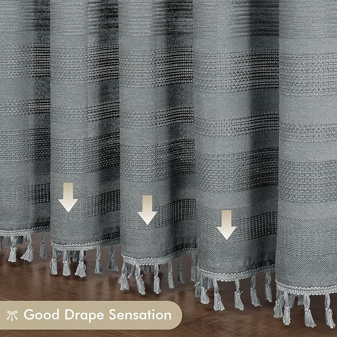 OVZME Light Grey Shower Curtain 78 Inch Long, Boho Thick Linen Textured Shower Curtain with Tassel, Farmhouse Minimalist Striped Weighted Machine Washable Bathroom Decor, 72Wx78L Inches