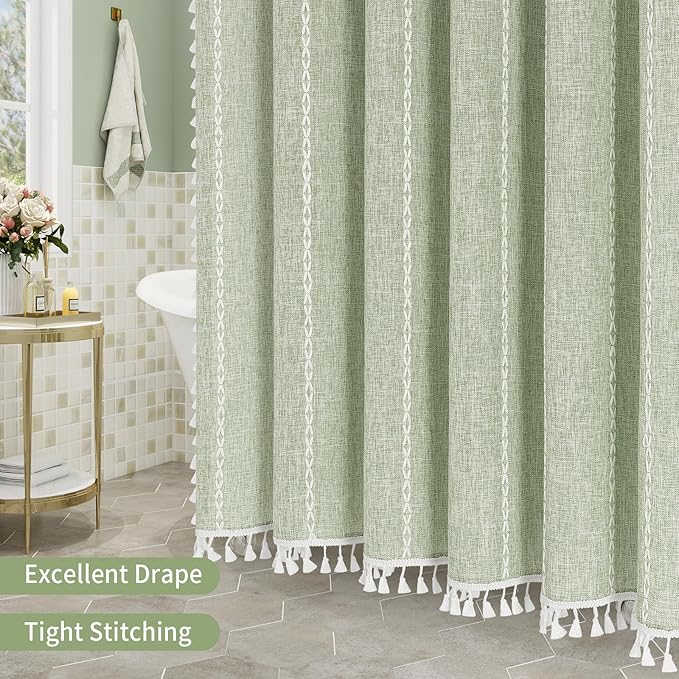 MitoVilla Sage Green Boho Extra Long Shower Curtain 72 x 84, Modern Farmhouse 84 inch XL Rustic Polyester Linen Tassel Heavy Duty Shower Curtain Set with Hooks for Cottagecore Country Bathroom Decor
