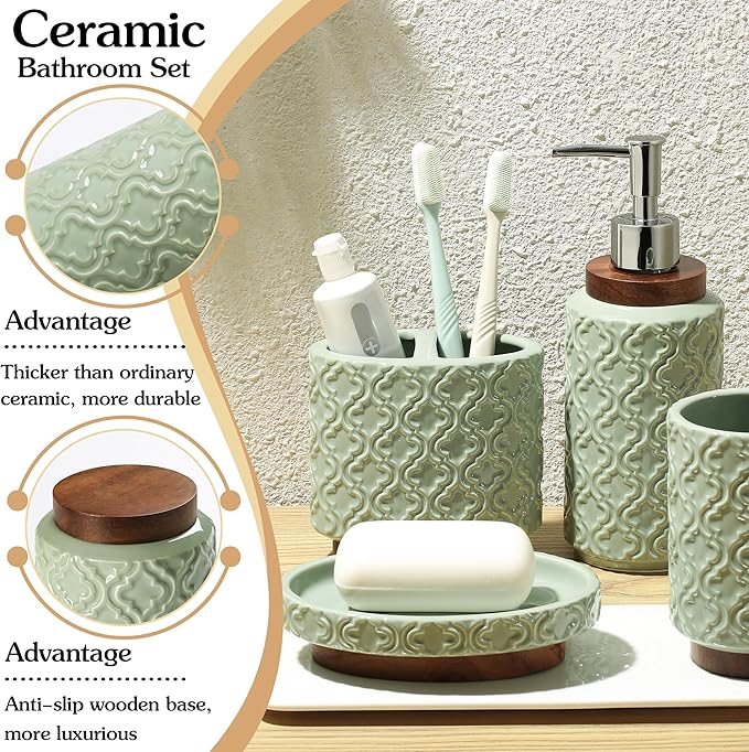 RQYIXI Elegant 4 PCS Ceramic&Wood Bathroom Accessories Set:Soap Dispenser,Toothbrush Holder,Tumbler,Soap Dish,Easy to Clean,Quatrefoil Pattern,Green-Affordable Luxury for Home Decor Enthusiasts
