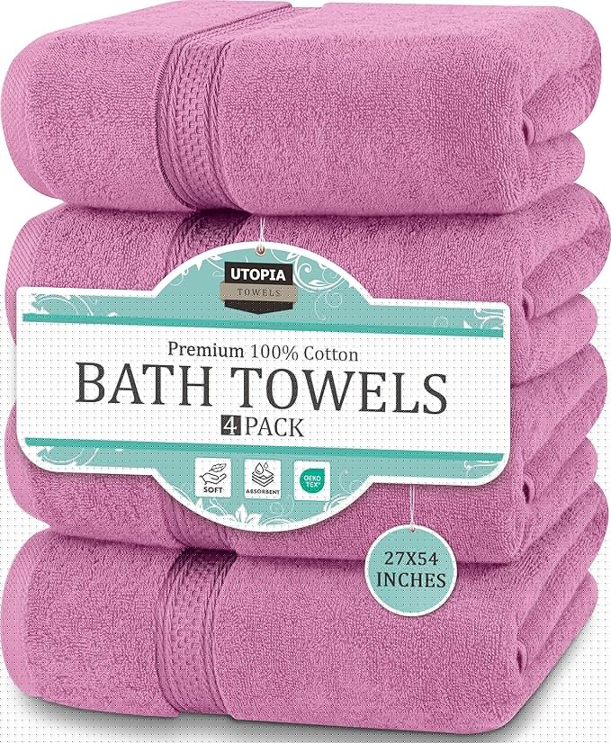 Utopia Towels 4 Pack Premium Bath Towels Set, 27 by 54 Inches, 100% Ring Spun Cotton 600GSM, Lightweight and Highly Absorbent Quick Drying Towels, Perfect for Daily Use, Pink
