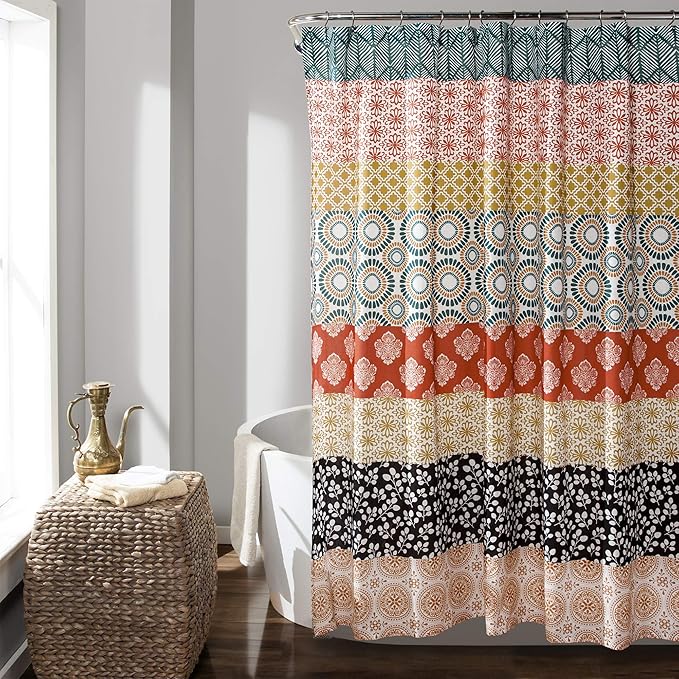 Lush Decor Bohemian Stripe Shower Curtain 72" W x 84" L Turquoise & Orange - Bathroom Curtain - Extra Long Shower Curtain - Boho Decor - Striped Shower Curtains