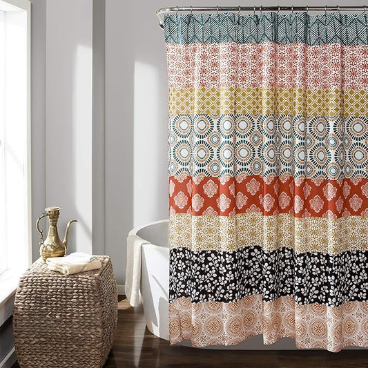 Lush Decor Bohemian Stripe Shower Curtain 72" W x 78" L Turquoise & Orange - Bathroom Curtain - Extra Long Shower Curtain - Boho Decor - Fabric Shower Curtains
