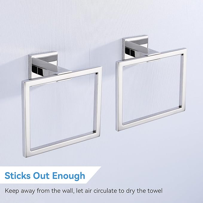 LANC Hand Towel Holder for Bathroom Wall Mount Chrome Silver 2-Piece Square Hand Towel Rings for Bath Kitchen Toilet SUS304 Stainless Steel Contemporary Style Shower Towel Towel Rack, A8896CP-P2