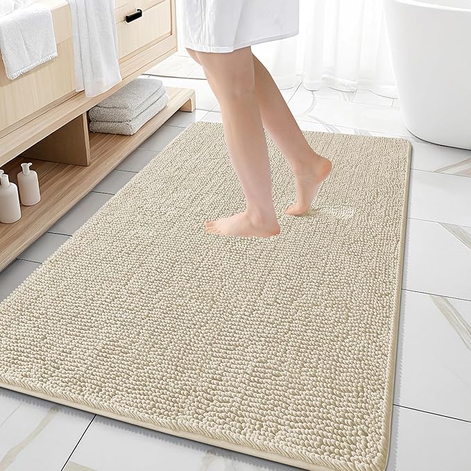 OLANLY Bathroom Rugs 59x35, Extra Soft Absorbent Chenille Bath Rugs, Rubber Backing Quick Dry, Machine Washable Bath Mats for Bathroom Floor, Tub and Shower, Home Decor Accessories, Sand