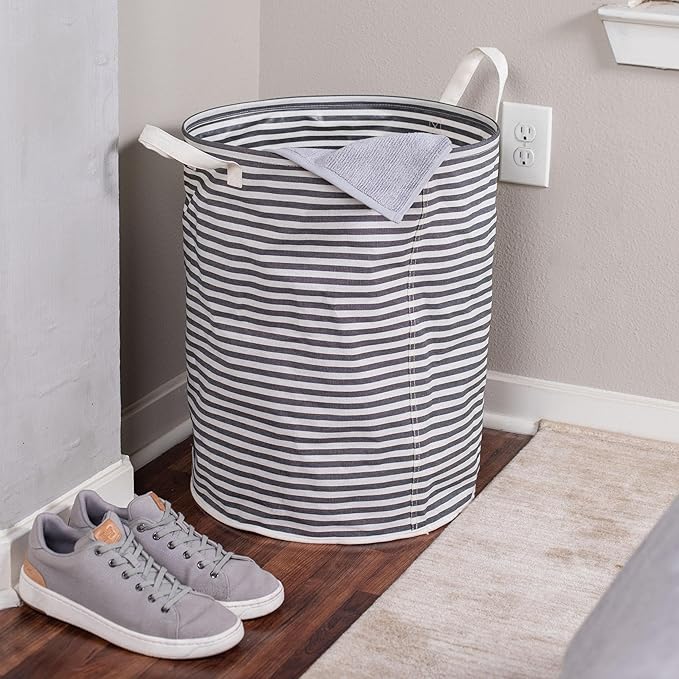 BIRDROCK HOME Collapsible Single Round Laundry Hamper Basket - Grey & White Stripes Bin - Compact Dirty Clothes Organizer Bag