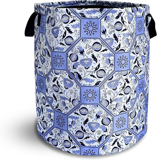 Chinoiserie Style Blue And White Porcelain Laundry Basket Foldable Oxford Cloth Funny Tote Bag Laundry Hamper Clothes Storage Bucket Toy Organizer For Bathroom/Laundry/Bedroom 18.9x16.5 In