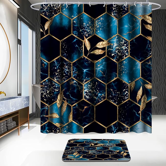 Poedist 4 Pcs Bathroom Shower Curtain Set,Bathroom Sets with Rugs(Bath Mat,U Shape and Toilet Lid Cover Mat) and 12 Hooks,Sky Blue Honeycomb Marble