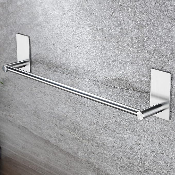 Taozun Self Adhesive 16-Inch Bathroom Towel Bar Brushed SUS 304 Stainless Steel Bath Wall Shelf Rack Hanging Towel Stick On Sticky Hanger Contemporary Style