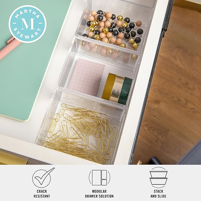 Martha Stewart Brody Desktop Storage Organizer, Stack and Slide Plastic Organizer Tray, Organizer for Office, Kitchen, or Vanity, 3" x 3.75", Clear