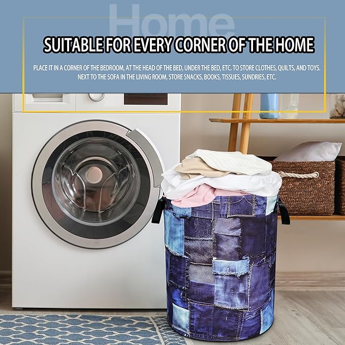 Blue Denim Pattern Laundry Basket Patchwork Design Foldable Oxford Cloth Funny Tote Bag Laundry Hamper Clothes Storage Bucket Toy Organizer For Bathroom/Laundry Storage/Bedroom 18.9x16.5 In