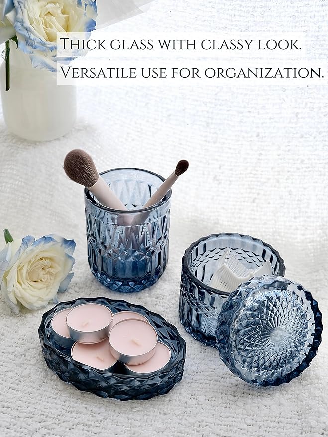 LaMarriti Blue Bathroom Accessories Set, 5Pcs Clear Glass Bathroom Accessories, Hand Soap Dispenser, Soap Dish, Toothbrush Holder Set, Qtips Holder for Crystal Vintage Bath Countertop Decor, Gift Set