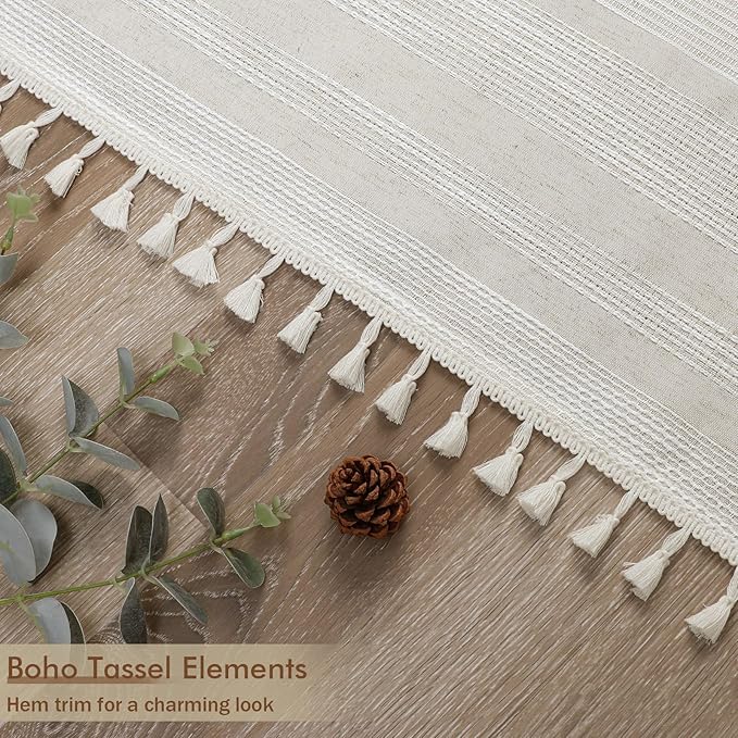 OVZME Extra Long Linen Shower Curtain 96 Inch Long, Boho Chic Textured Soft Fabric Heavy Duty Cloth Bathroom Shower Curtain with Tassel, Tall Farmhouse Luxury Bath Decor, 72Wx96L Inches