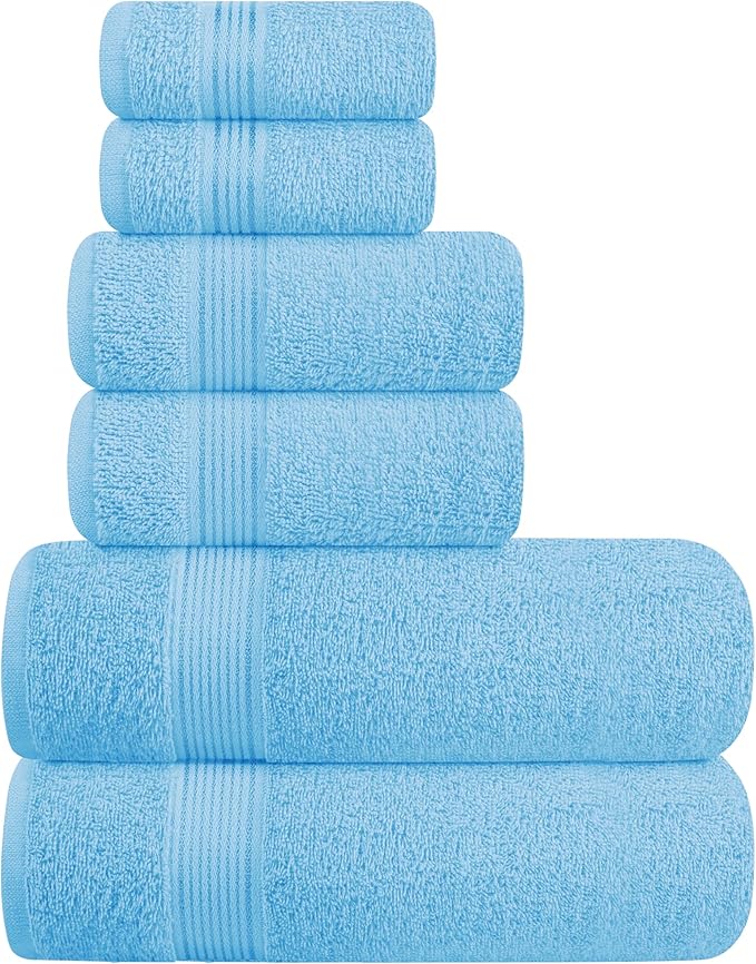 Elvana Home Ultra Soft 6 Pack Cotton Towel Set, Contains 2 Bath Towels 28x55 inch, 2 Hand Towels 16x24 inch & 2 Wash Coths 12x12 inch, Ideal for Everyday use, Compact & Lightweight - Sky Blue