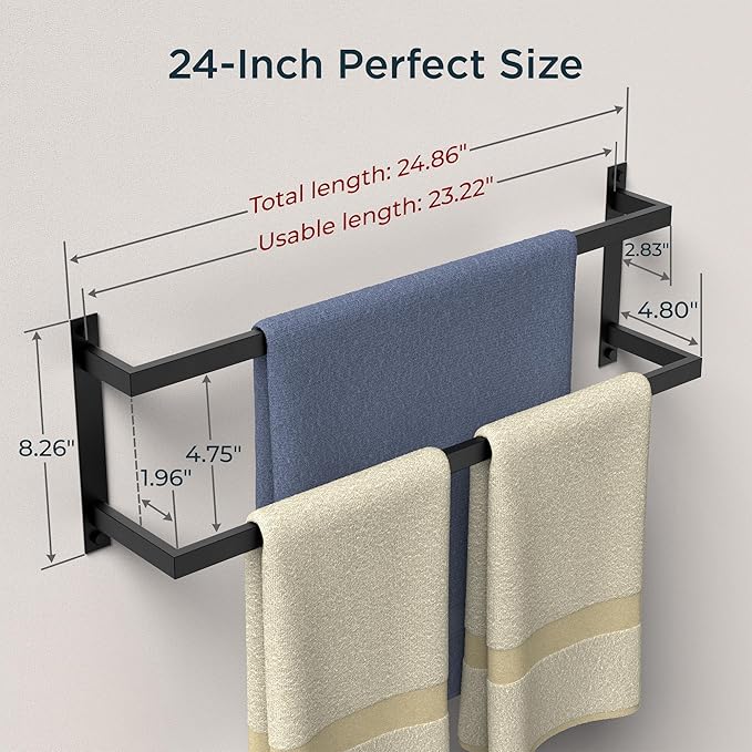 FORIOUS Double Towel Rack, 24 Inch Towel Racks for Bathroom Wall Mounted, Heavy-Duty SUS304 Stainless Steel Towel Bar, 2-Tier Design Heavy Duty Towel Rack, Matte Black