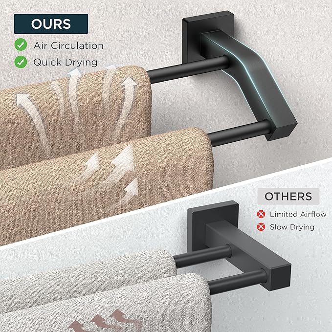 FORIOUS Double Towel Bar, 30 Inch Dual Towel Racks for Bathroom Wall Mounted, Thicken SUS304 Stainless Steel Bath Square Towel Rod Towel Holder Rail, Matte Black
