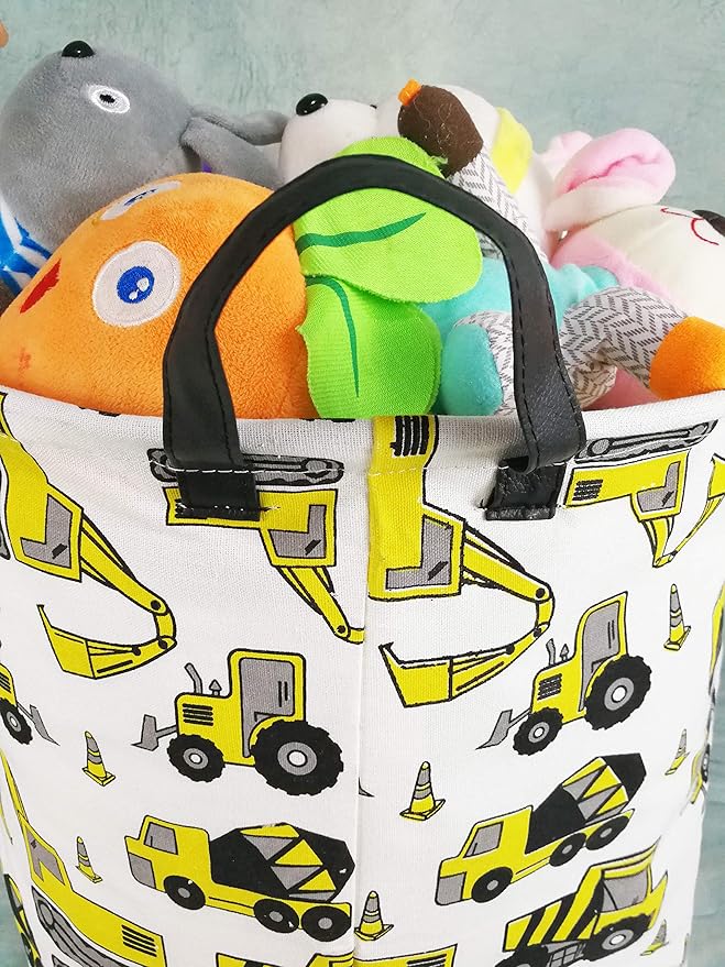 KUNRO Round Laundry Gift Basket Storage Hamper, Clothes Storage Organizer Bins, Shelf Basket with Handles for Room Decor (Excavator)