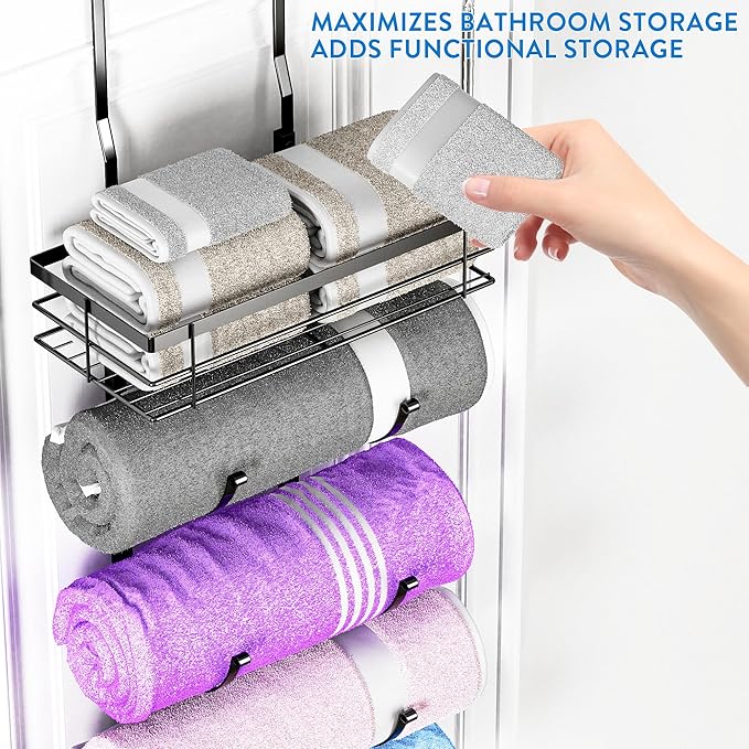 Over The Door Towel Rack, 5-Tier No Drill Towel Storage Organizer with Metal Shelf, Hanging Bath Towel Holder for Small Bathroom, Camper, Rv, Black