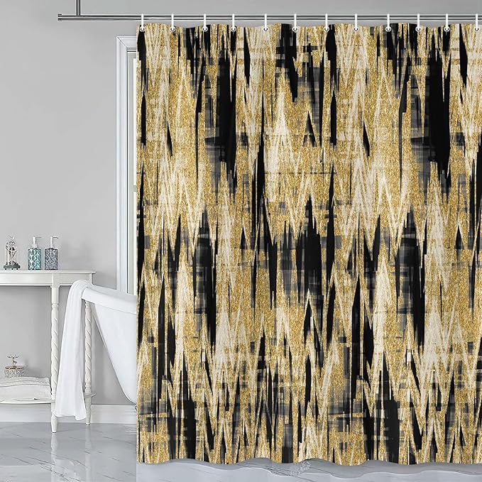 JAWO Gold Shower Curtains for Bathroom, Golden Black Glitter Sparkle Bling Waterproof Fabric Decorative Shower Curtain, Washable Luxury Elegant Fancy Glam Metallic Bath Curtain, 72X72IN