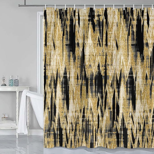 JAWO Gold Shower Curtains for Bathroom, Golden Black Glitter Sparkle Bling Waterproof Fabric Decorative Shower Curtain, Washable Luxury Elegant Fancy Glam Metallic Bath Curtain, 60X70IN