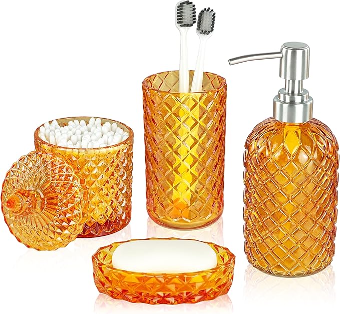 LaMarriti Orange Bathroom Accessories Set, 4Pcs Clear Glass Bathroom Accessory Set, Lotion Soap Dispenser, Toothbrush Holder Set, Soap Dish, Qtip Holder for Vintage Crystal Bath Decor, Burnt Orange