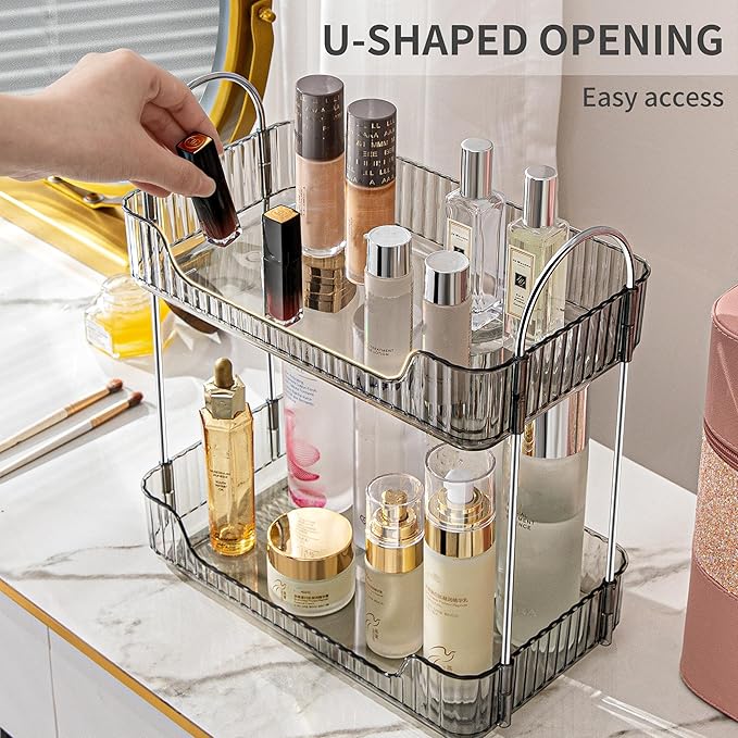 Grey 2-Tier Vanity Tray Organizer for Bathroom Counter, Skincare & Makeup