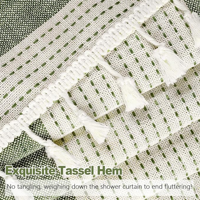 Boho Farmhouse Thick Shower Curtain with Tassels, 350GSM Cotton Linen Soft Fabric Shower Curtain Heavyweight, Sage Green Rustic Country Striped Bathroom Decor Curtain Water Repellent