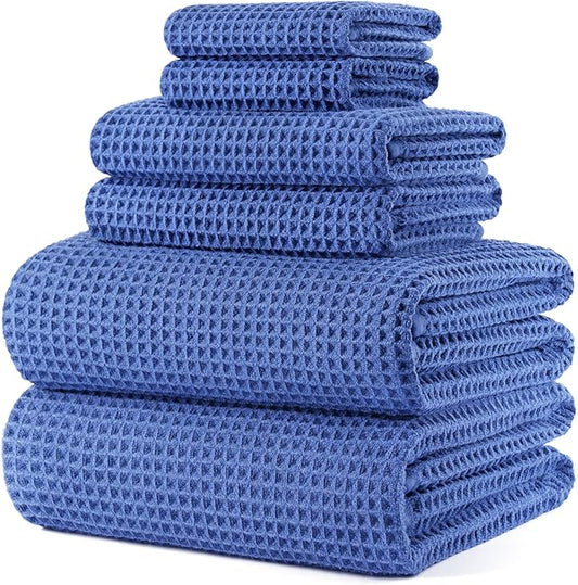 POLYTE 430 GSM Microfiber Quick Dry Lint Free Oversize Bath Towel Set, 6 Piece (Waffle Weave)