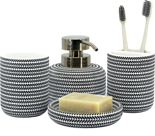 ZCCZ Black and White Bathroom Accessories Set, 4 Pieces - Toothbrush Holder, Soap Dispenser, Vanity Tray, Tumbler - Countertop Organizer for Bathroom Decor - Modern Accessory Set for Home and Office