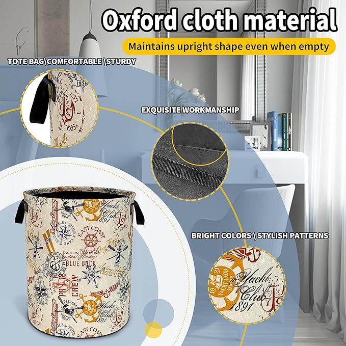 NUTAINLA Anchor Laundry Basket Compass Seafaring Foldable Oxford Cloth Funny Tote Bag Laundry Hamper Clothes Storage Bucket Toy Organizer For Bathroom/Laundry Storage/Bedroom 18.9x16.5 Inch