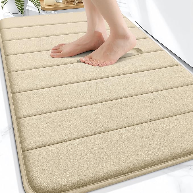 OLANLY Memory Foam Bath Mat 30x20, Super Soft Absorbent Bathroom Rugs, Quick Dry, Machine Washable Shower Floor Rugs, Bathmat Carpet, Bathroom Home Decor Accessories, Beige