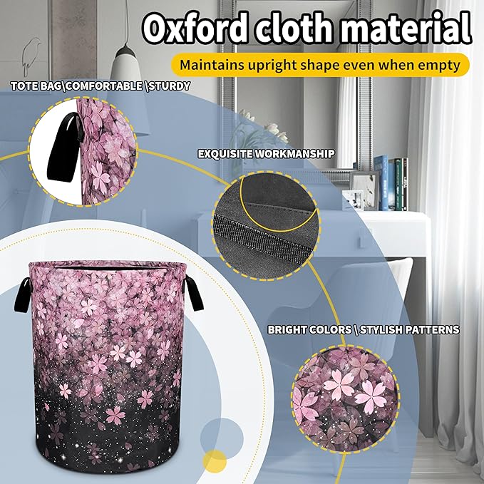 Cherry Blossoms Laundry Basket Pink Flowers Foldable Oxford Cloth Funny Tote Bag Laundry Hamper Clothes Storage Bucket Toy Organizer For Bathroom/Laundry Storage/Bedroom 18.9x16.5 Inch