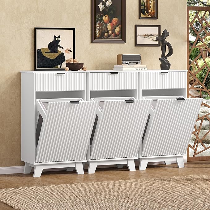 Wodeer Tilt Out Laundry Hamper Cabinet with Storage and Drawer, 10 Gallon Fluted Hidden Trash Can Cabinet, Farmhouse Wood Laundry Basket Cabinets for Bathroom, Kitchen, White