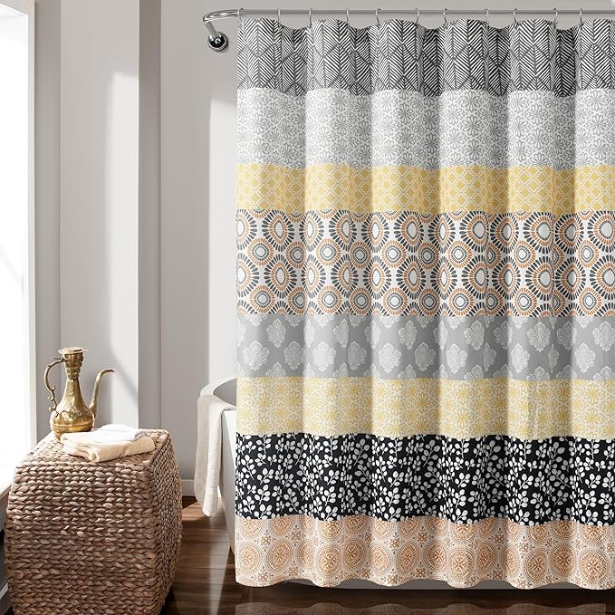 Lush Decor Bohemian Stripe Shower Curtain, 72" W x 72" L, Yellow & Gray - Bathroom Curtain - Striped Shower Curtain - Boho Decor - Fabric Shower Curtains (Pack of 6)