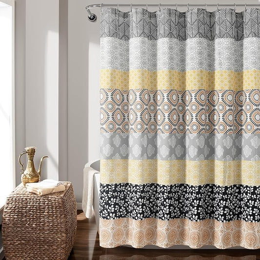 Lush Decor Bohemian Stripe Shower Curtain, 72" W x 72" L, Yellow & Gray - Bathroom Curtain - Striped Shower Curtain - Boho Decor - Fabric Shower Curtains (Pack of 6)