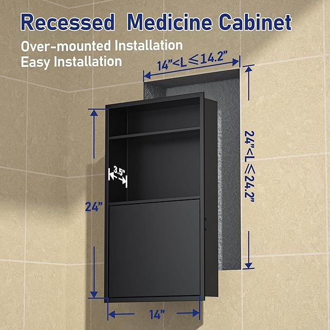 Recessed Medicine Cabinet with Door 24" X 14" Matte Black Wall Medicine Cabinets with 3-Tier Shelf 304 Stainless Steel Niche Shower for Bathroom Storage