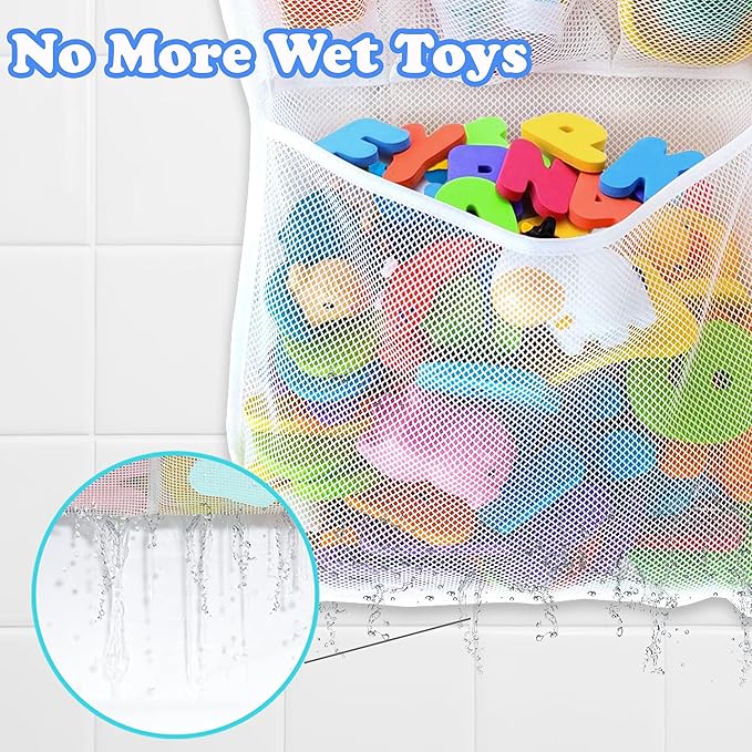 Bath Toy Storage Organizer ?€? Large Mesh Bath Toy Holder & Bath Toy Net for Tub, Quick Dry Bathtub Bag with 2 Strong Suction Cups, 2 Adhesive Hooks, Quick-Dry Hanging Shower Cubby Basket, 14x20 Inch
