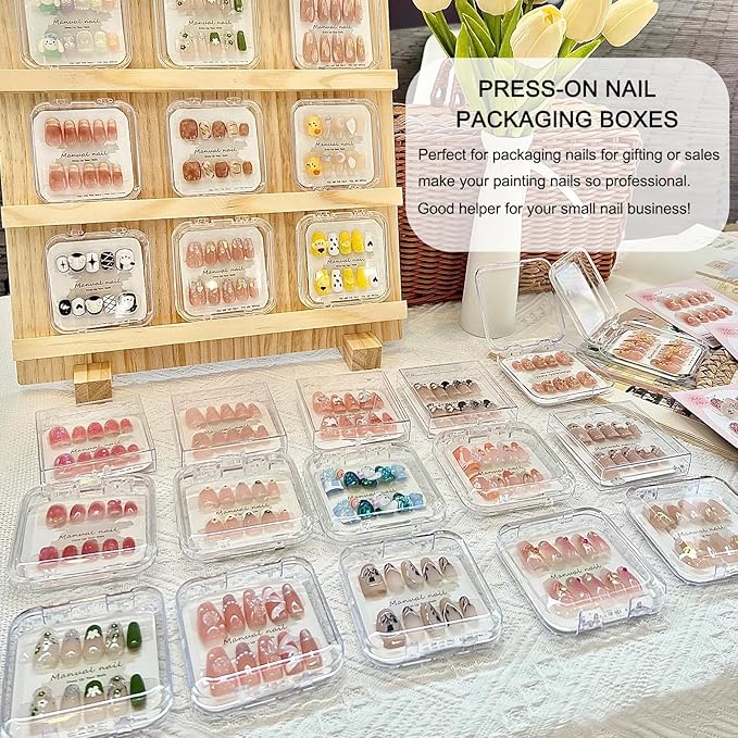 12pcs Press on Nail Storage Box with 60 Pcs Adhesive Double Sided Tape Clear Acrylic Nail Display Box Artificial False Nail Box Organizer Fake Nail Case Transparent Nail Packaging Boxes for Nail Salon