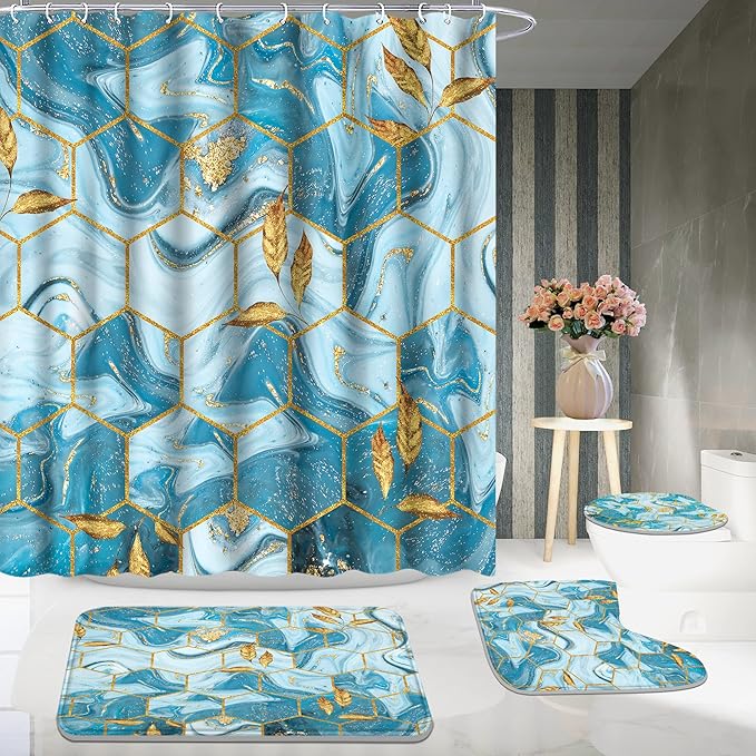 Poedist Shower Curtain Set with Rugs,Bathroom Accessory Set, Including Non-Slip Rugs,Toilet Lid Cover and Bath Mat, Waterproof Shower Curtain with 12 Hooks,Blue and White Honeycomb Marble