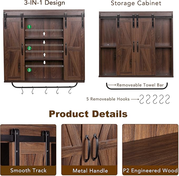 RUSTOWN Rustic Wood Wall Storage Cabinet with Two Sliding Barn Door, 3-Tier Decorative Farmhouse Vintage Cabinet for Kitchen Dining, Bathroom, Living Room, Dark Walnut