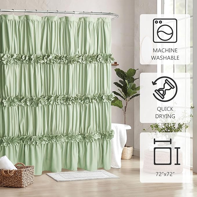 Sage Ruffle Shower Curtain, Vintage Handcrafted Bow Tie Bath Curtain for Master Bathroom, Ruched Microfiber Bathroom Curtain with 12 Buttonholes, 72" W x 72" H (LQ-10)