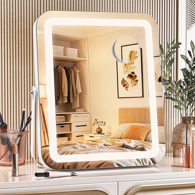 MINISO Vanity Mirror with Lights, 9.8" x 11.8" LED Makeup Mirror, Light & Brightness Adjustment, Smart Sensor, Aluminum Alloy Metal White Frame, with 5X Magnifying Glass
