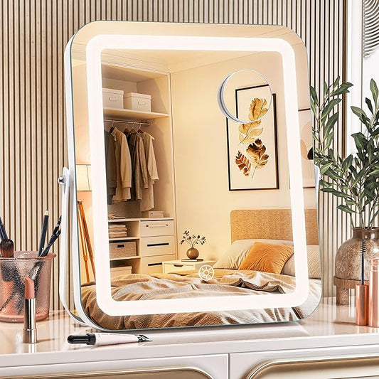 MINISO Vanity Mirror with Lights, 9.8" x 11.8" LED Makeup Mirror, Light & Brightness Adjustment, Smart Sensor, Aluminum Alloy Metal White Frame, with 5X Magnifying Glass