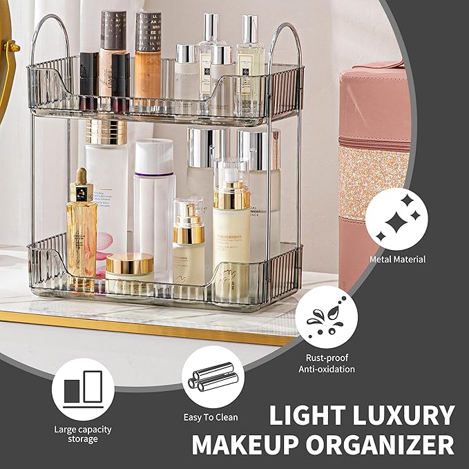 Grey 2-Tier Vanity Tray Organizer for Bathroom Counter, Skincare & Makeup
