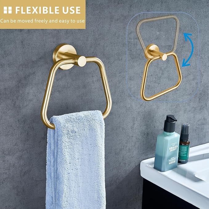 Bath Towel Ring, Bathroom Hardware Towel Holder, Gold Towel Ring for Bathroom, Modern Trapezoid Wall Mounted Towel Hanger, 304 Stainless Steel (Gold)